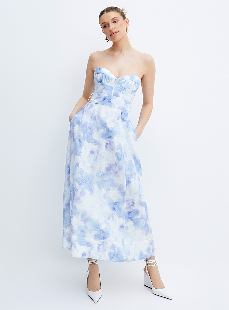 Bardot: La robe bustier surpiqué jardin hivernal Bleu à motifs pour femme