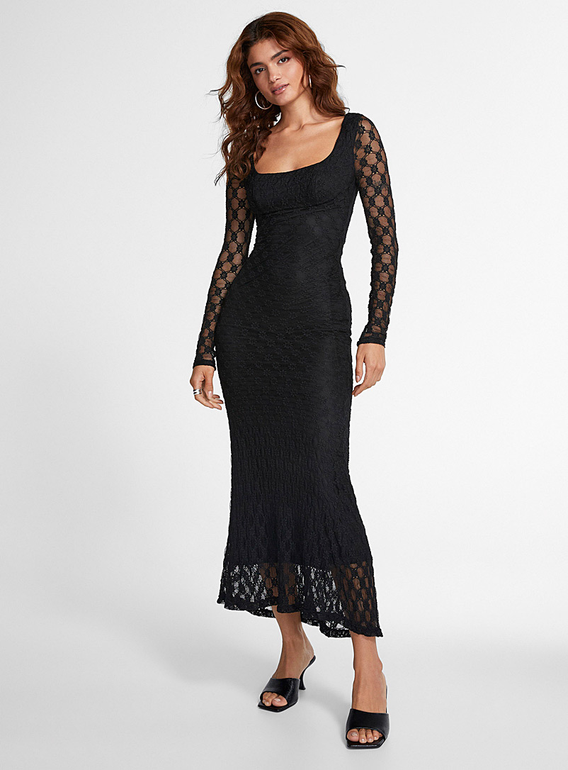 Bardot: La longue robe sirène dentelle florale Noir pour femme