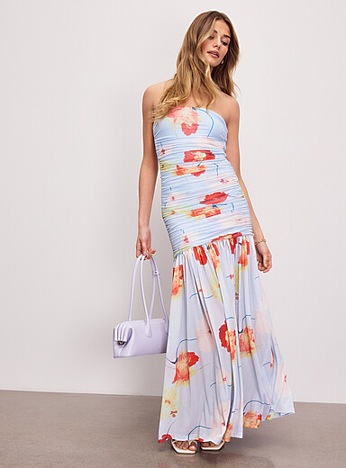 Solana floral micromesh long draped dress