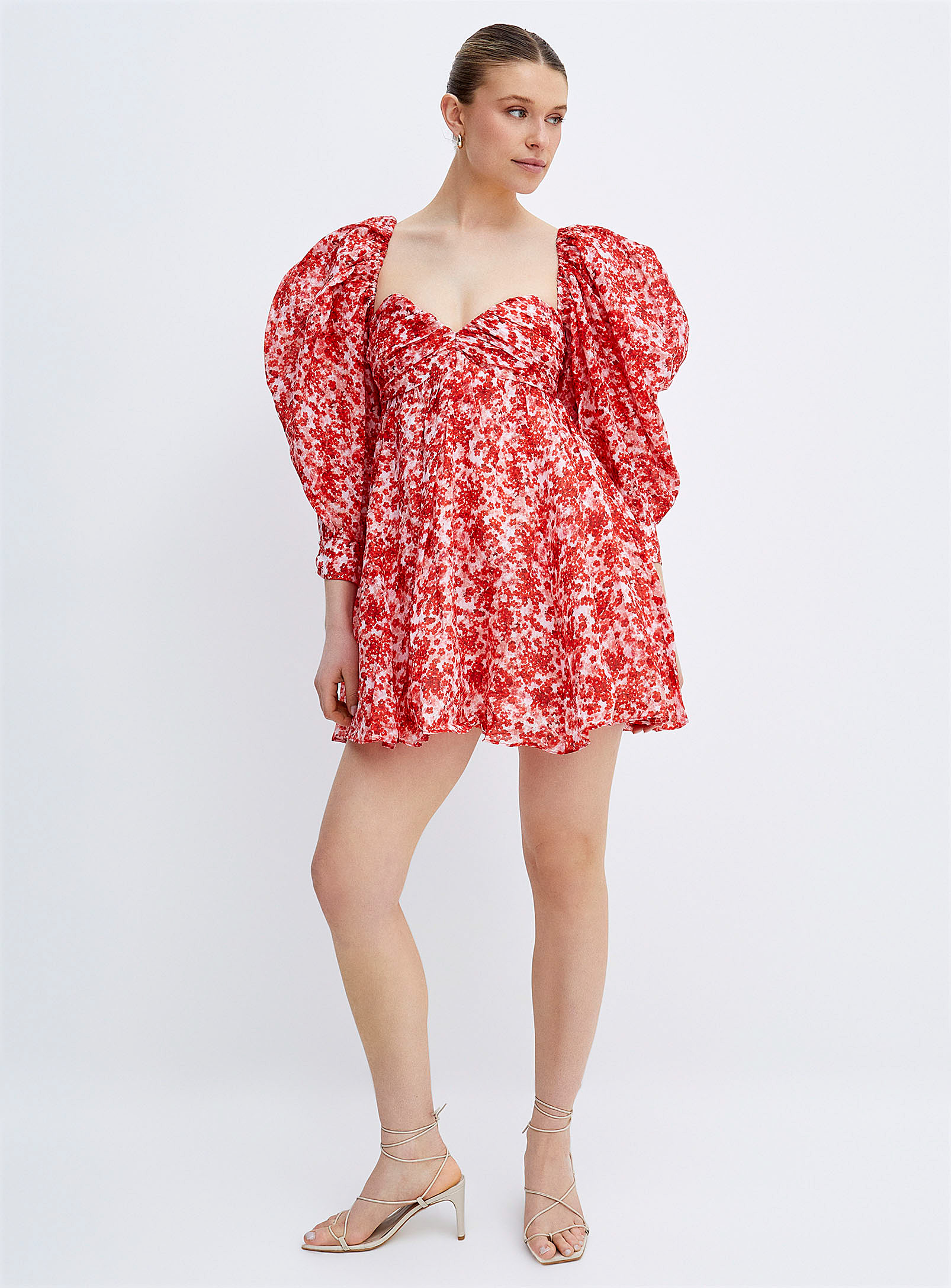 Shop Bardot Voluminous Sleeves Red Mini-flowers Mini-dress In Patterned Red