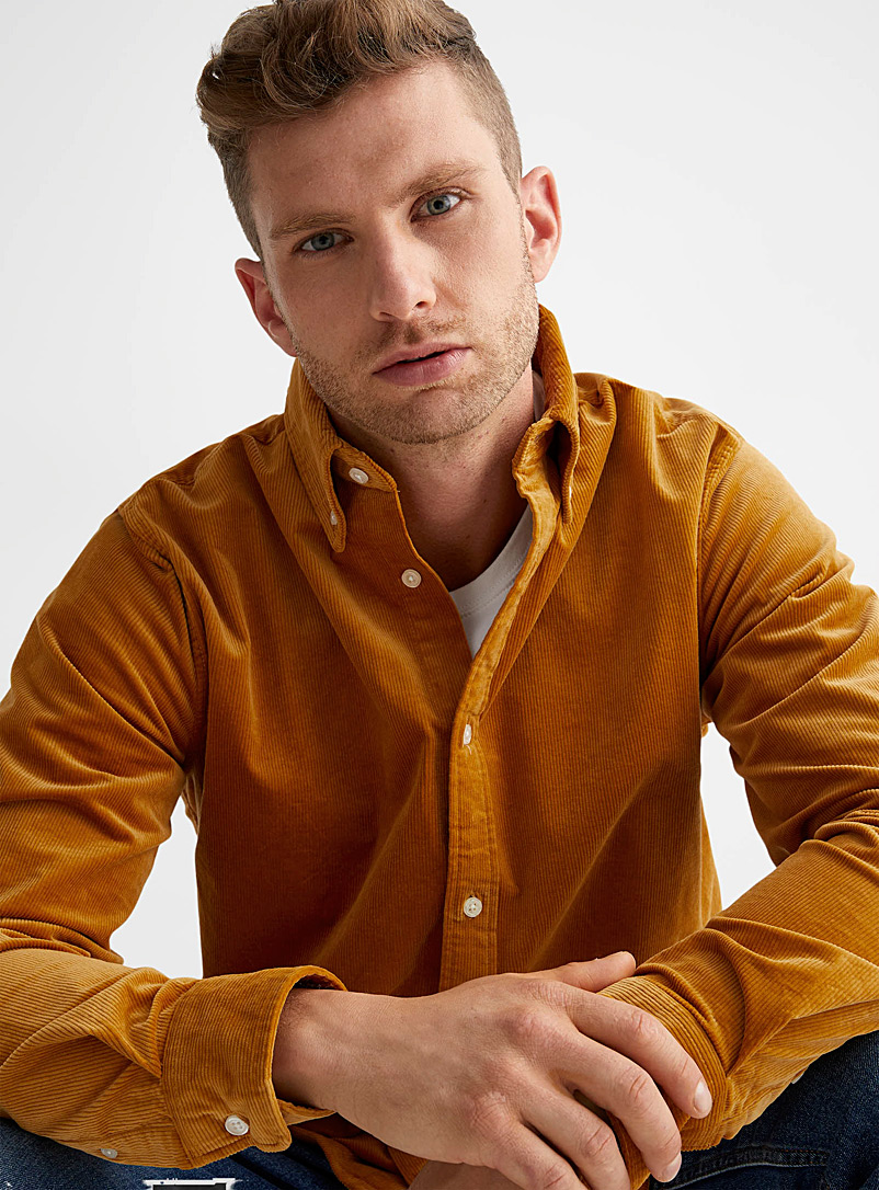 Le 31 Dark Yellow Corduroy shirt Modern fit for men