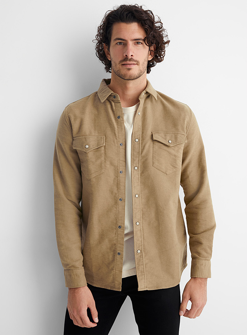 Le 31 Light Brown Brushed flannel Western shirt Modern fit for men
