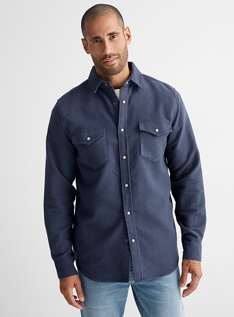 Le 31 Marine Blue Brushed flannel Western shirt Modern fit for men