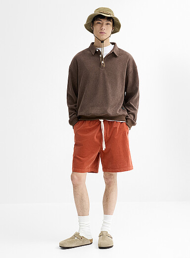 Djab: Le short relax fin velours c&ocirc;tel&eacute; Orange corail pour homme