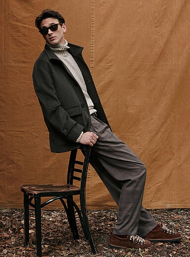 Le 31 Patterned Brown Espresso Prince of Wales flannel pant <b>Reykjavik fit - Tapered with pleats</b> for men