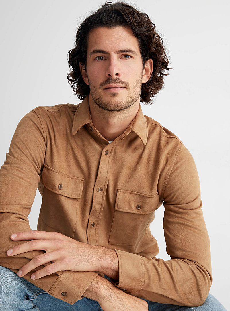 Le 31 - Men's Faux-Suede Shirt Modern Fit in Brown, Size Medium