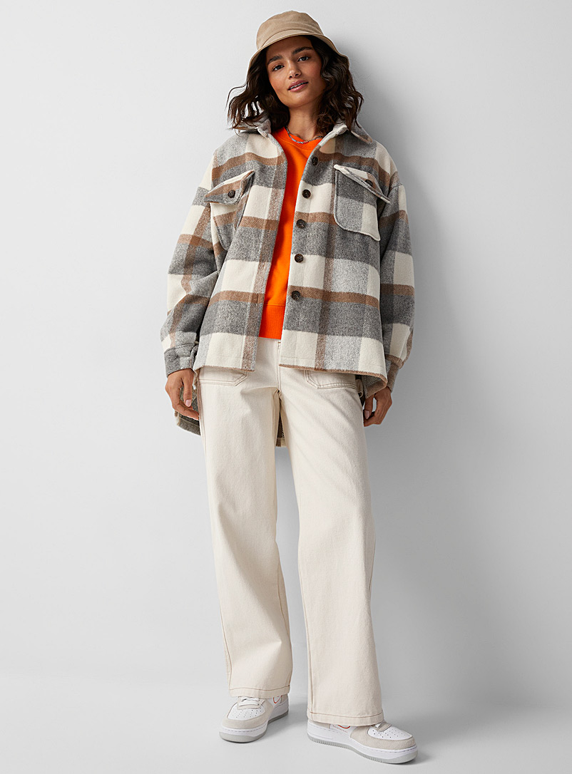 Twik Ecru/Linen Check polar fleece overshirt for women