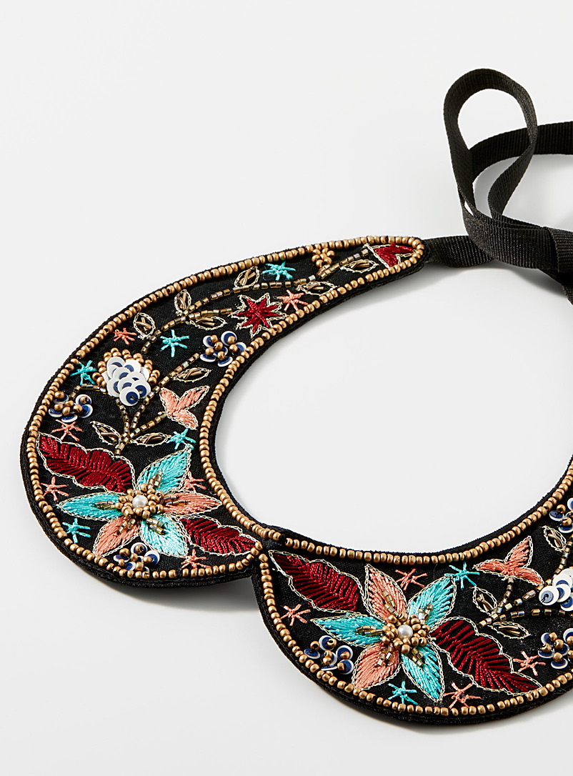 Simons Patterned Black Pearly embroidery jewel collar for women