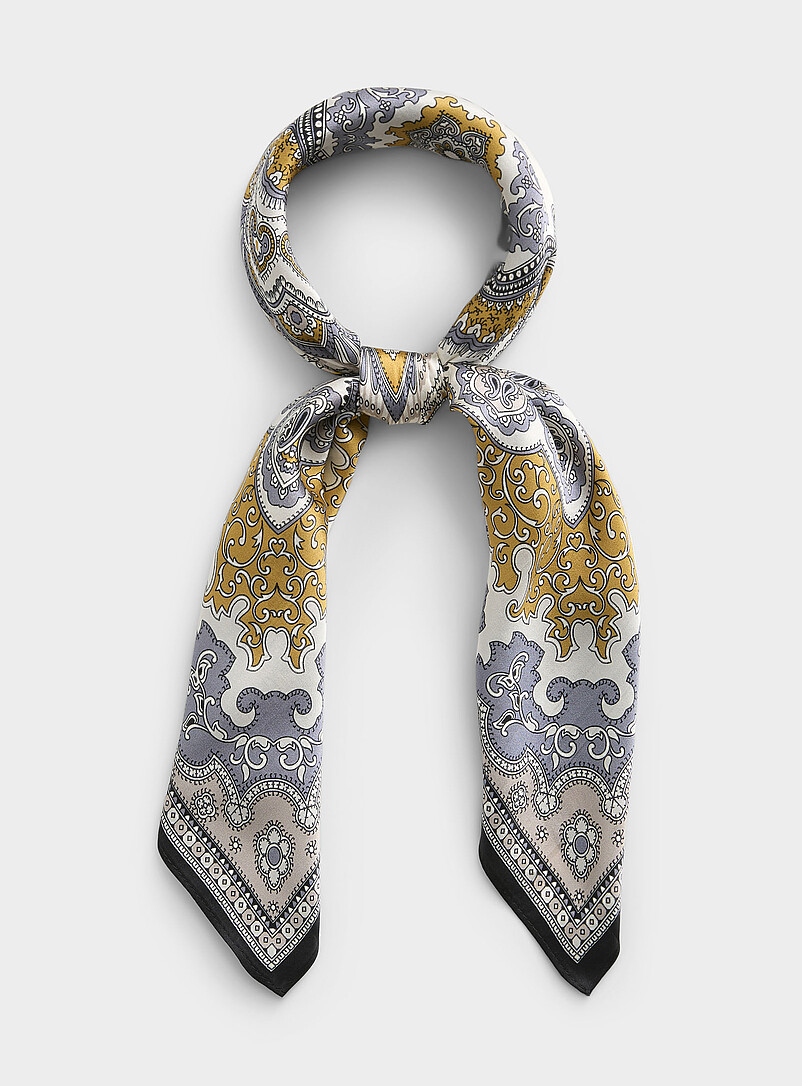 Foulard En Soie Et Cachemire Vintage – Motif Fleurs De Cachemire – Beige – Occasion