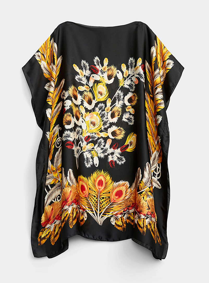 Simons Patterned Black Feather and leaf scarf poncho for women