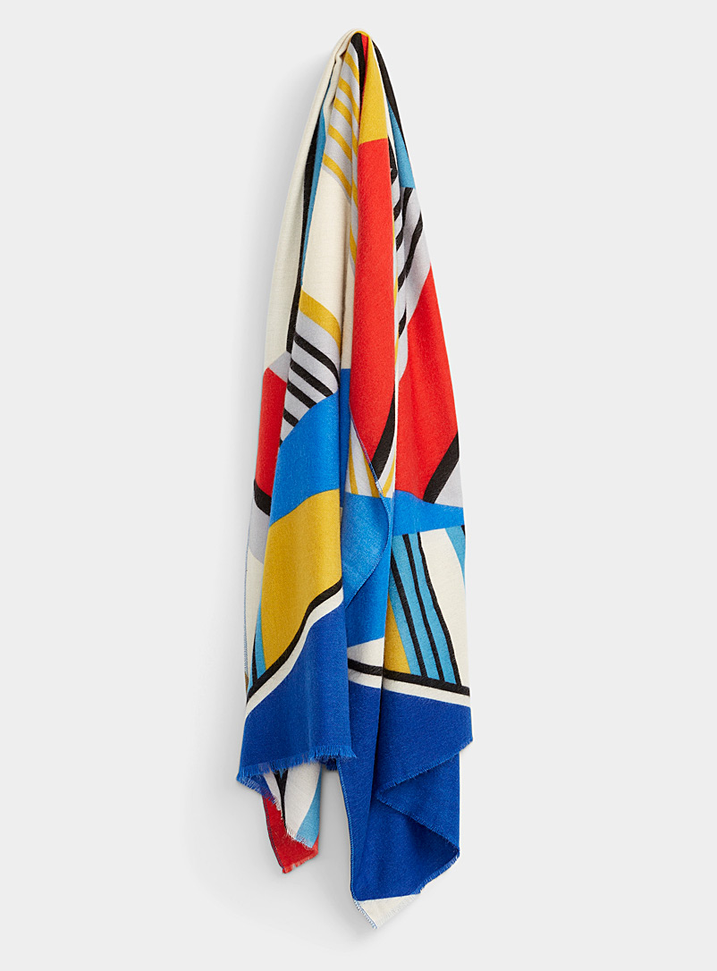 Simons Patterned Blue Colour-block geometric scarf for women