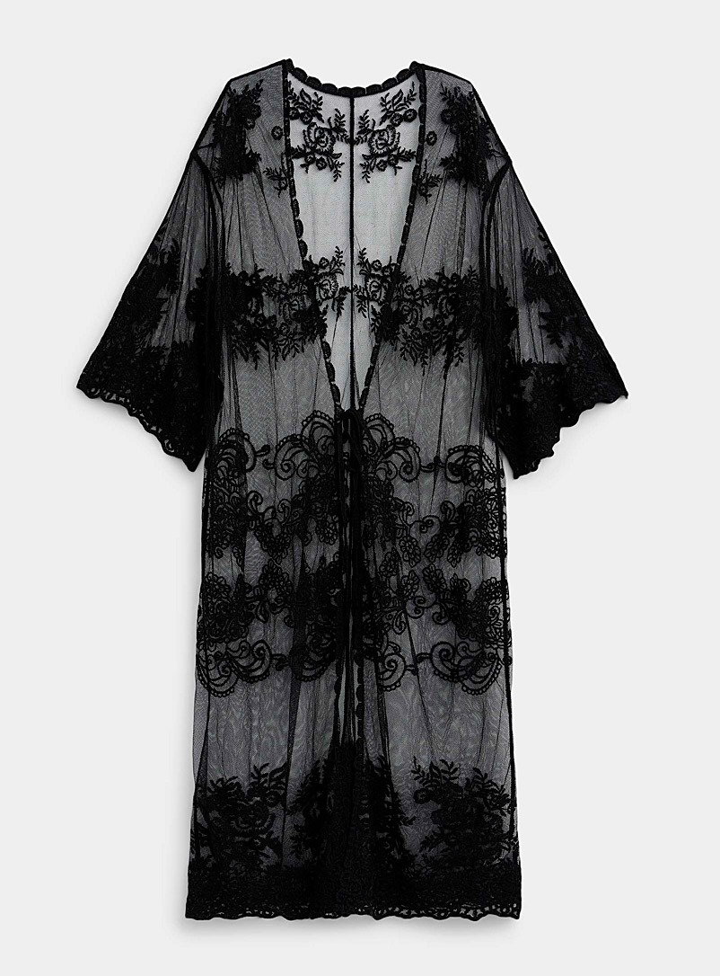 Simons Black Sheer embroidered mesh robe for women