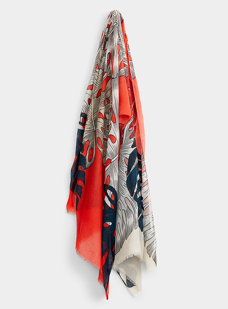 Simons Patterned Orange Lightweight monstera leaf scarf for women