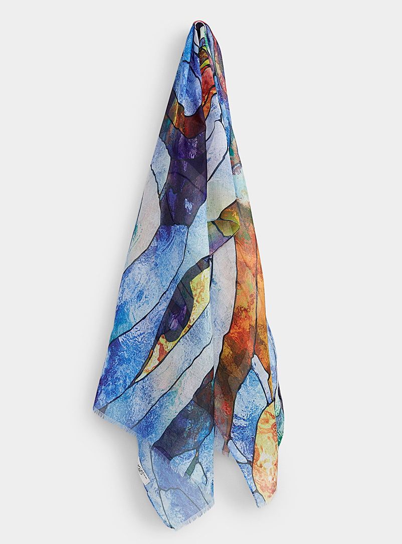 Simons Patterned Blue Lightweight colourful-meander scarf for women