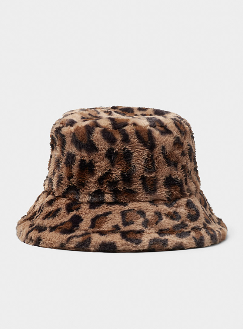 Simons Patterned Brown Faux-fur leopard bucket hat for women