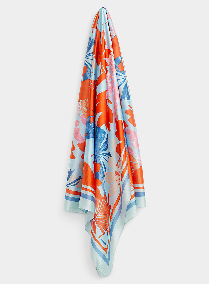 Simons Patterned Blue Tropical flora satiny scarf for women
