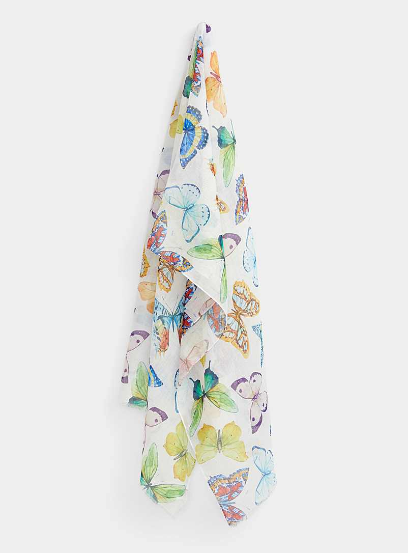 Simons Patterned White Colourful butterfly scarf for women