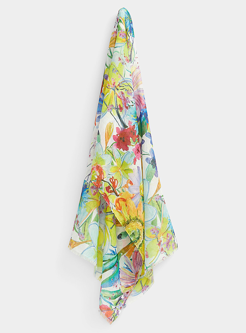Simons Patterned Yellow Painterly floral sheer scarf for women