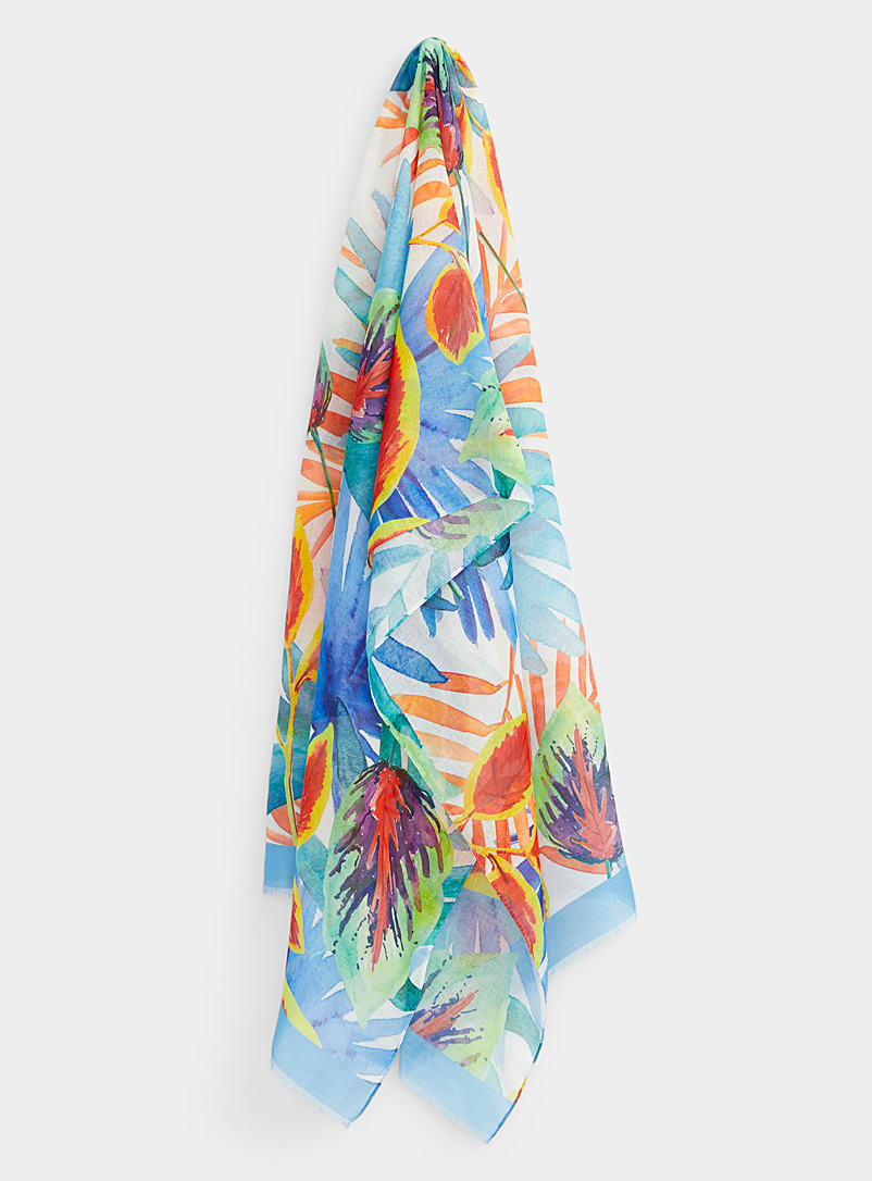 Simons Sapphire Blue Painterly tropical flora scarf for women