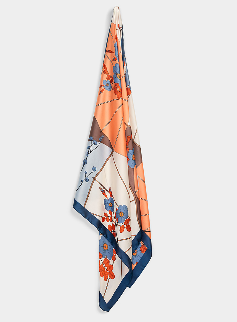 Simons Patterned Blue Floral contrast satiny lightweight scarf for women