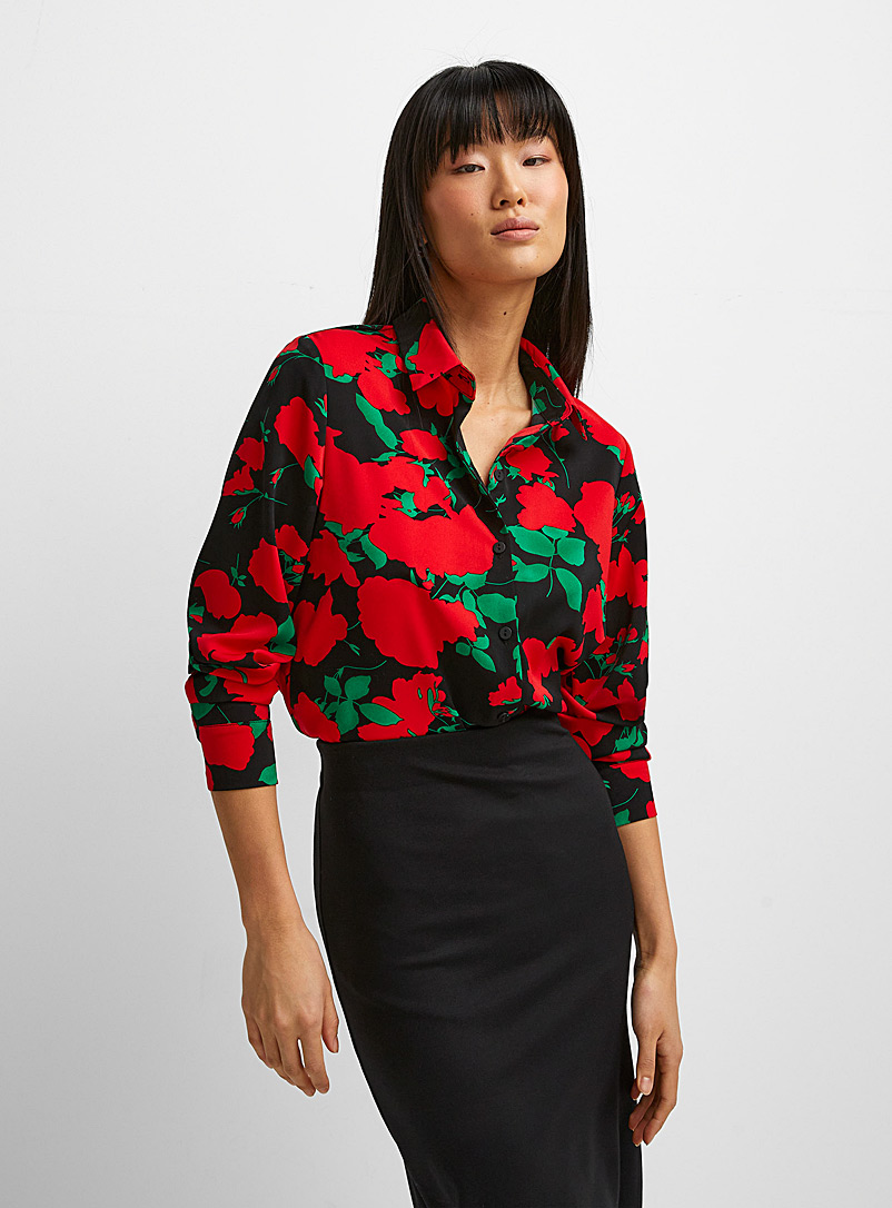 Icône Patterned Black Carmine flowers flowy shirt for women