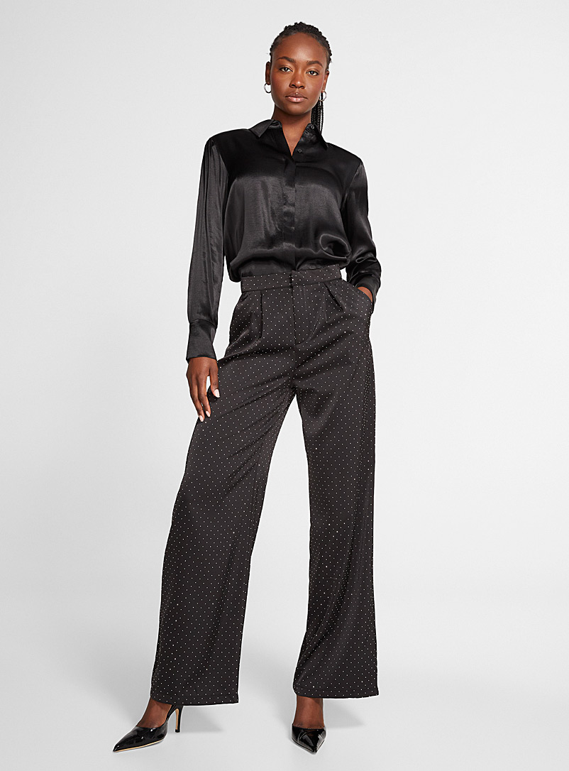 Icône Black Studded satin wide-leg pant for women