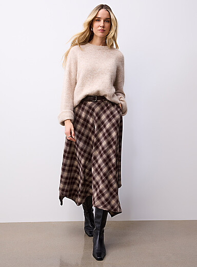 Contemporaine Khaki/Sage/Olive Rustic checkers asymmetrical skirt for women