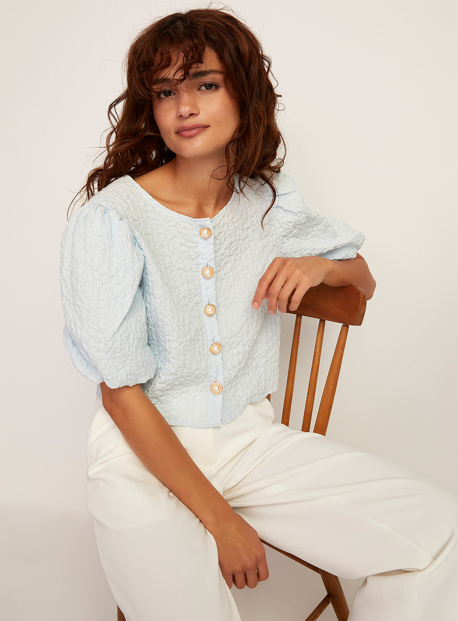 Icone Jewel Buttons Textured Cropped Blouse In Baby Blue