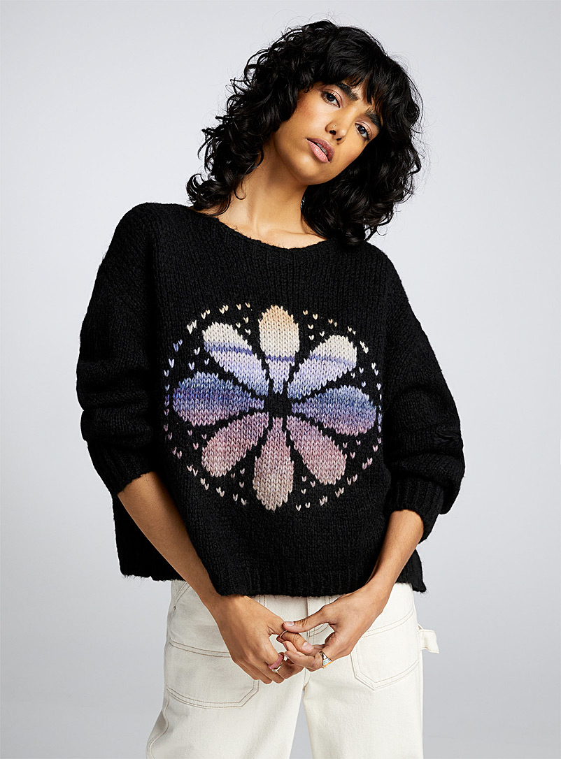Twik Patterned Black Touch of wool flower sweater for women