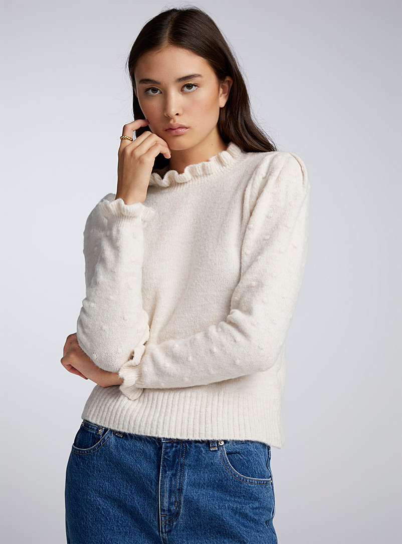Twik Ivory White Ruffles and tassel sleeves sweater for women