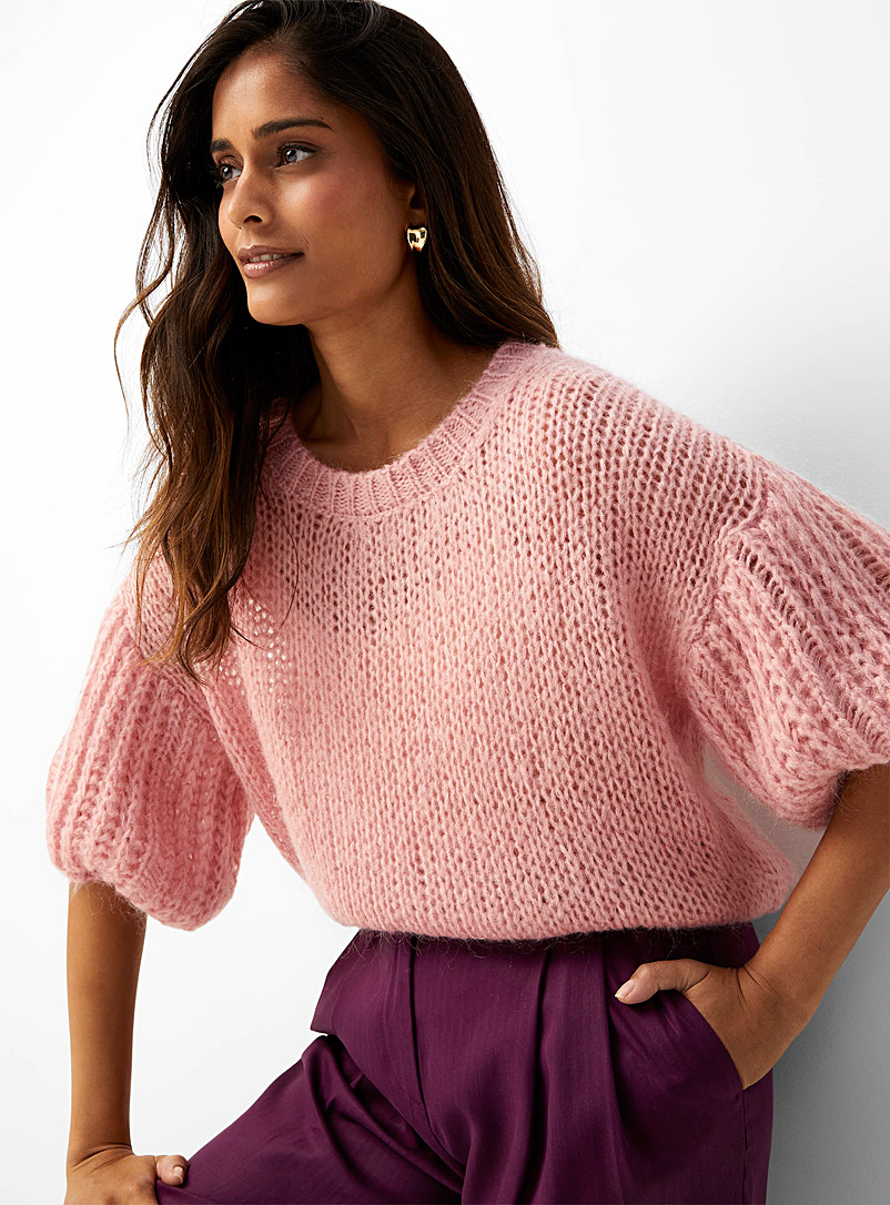 Contemporaine Pink Puff-sleeve openwork mohair sweater for women