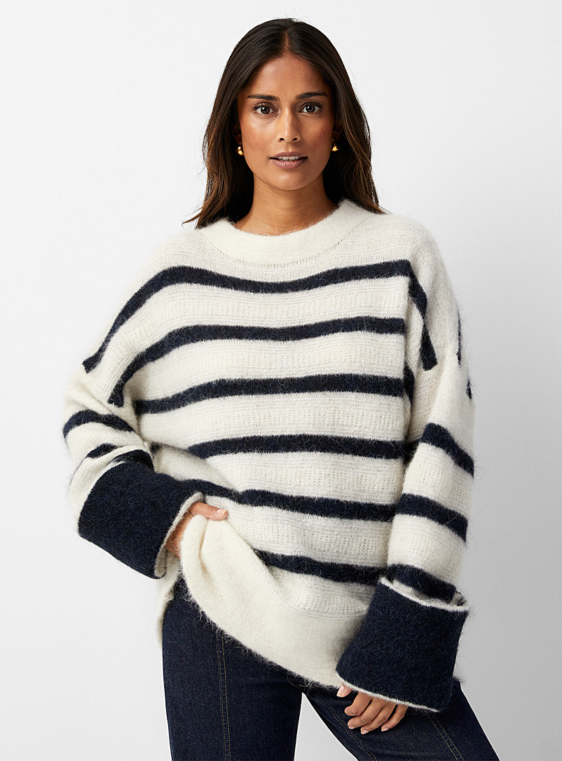 Contemporaine Ivory White Plush oversized striped sweater for women