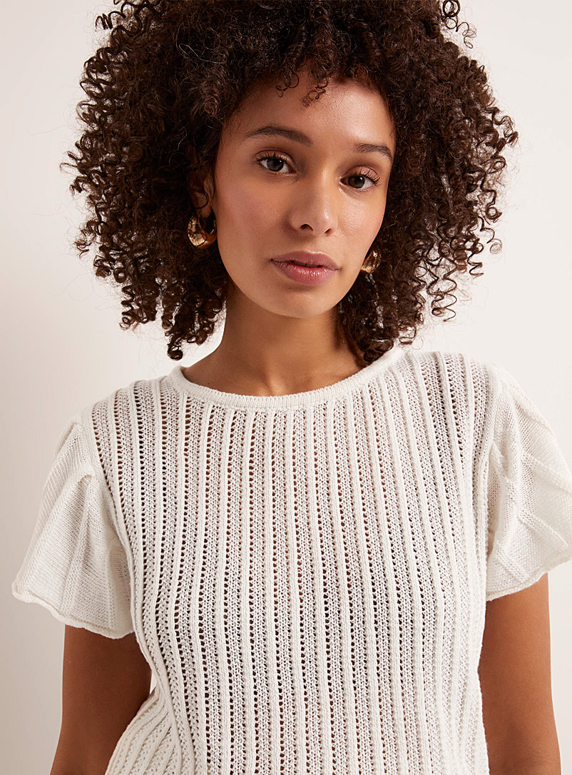 Contemporaine Off White Ruffled cap sleeves ribbed sweater for women