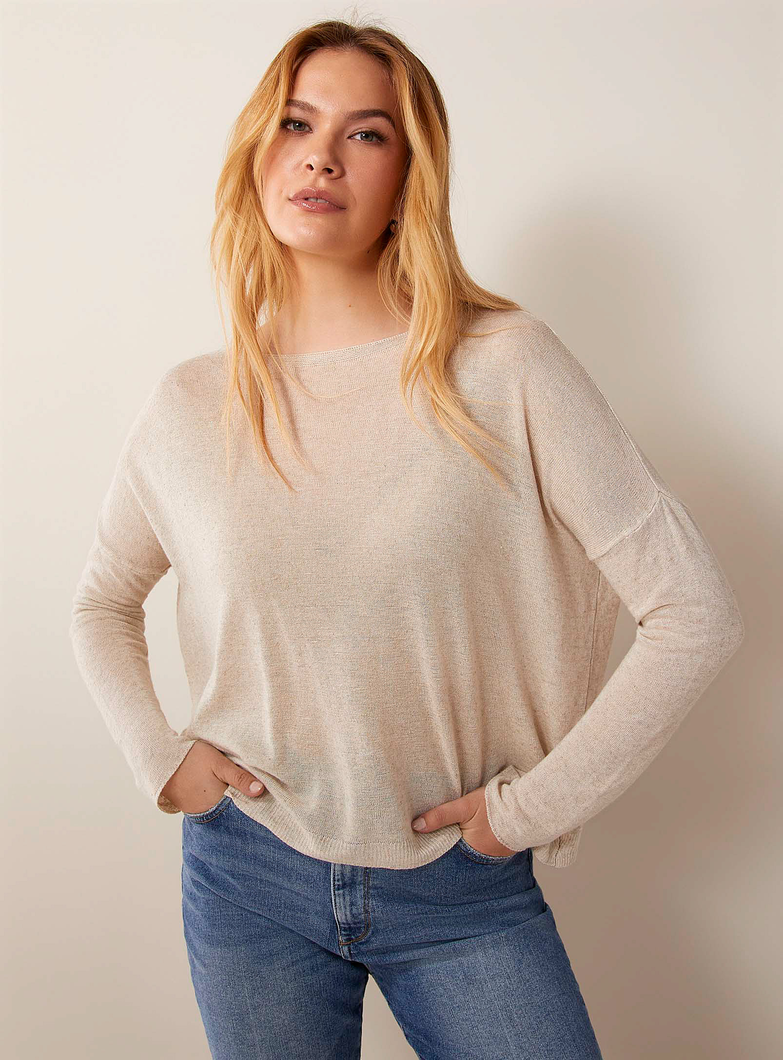 Contemporaine Loose And Flowy Boat-neck Sweater In Ecru/linen