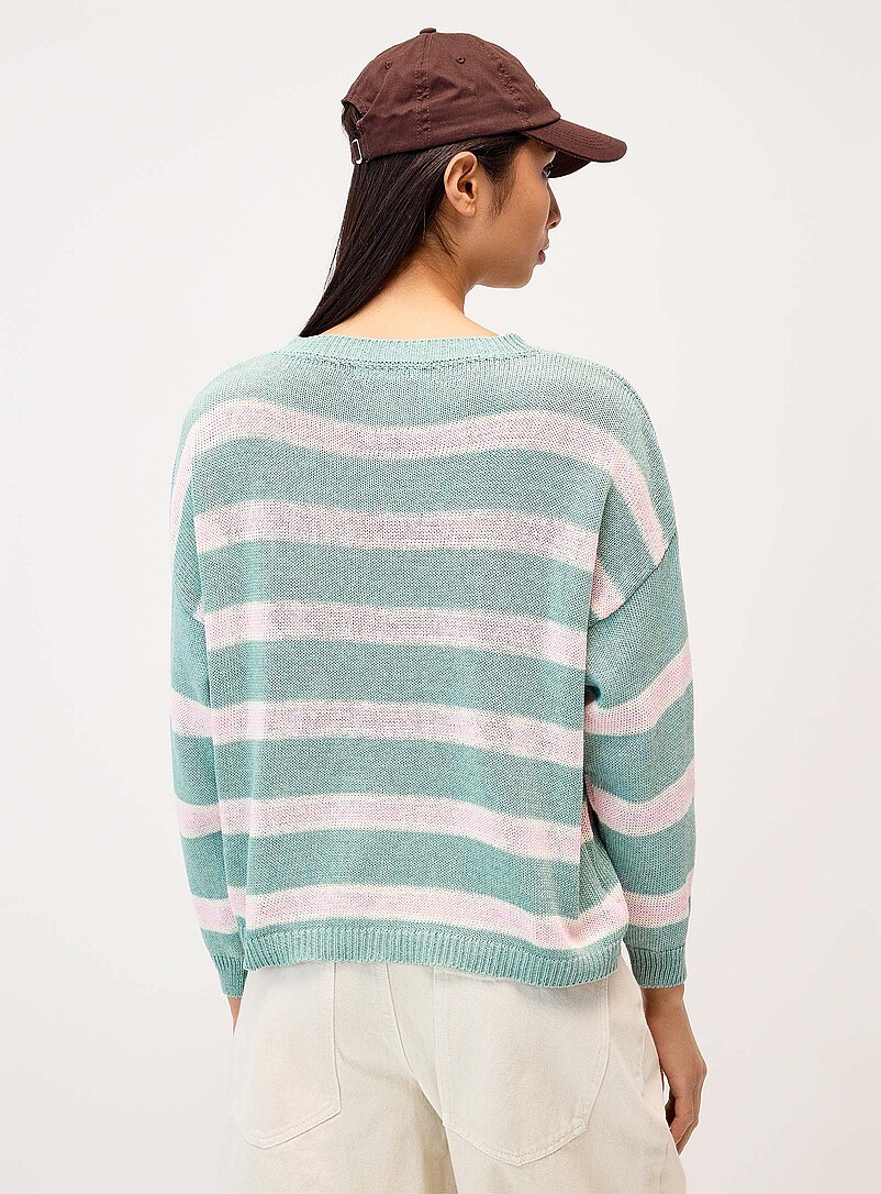 Twik Patterned White Boxy pastel striped sweater for women