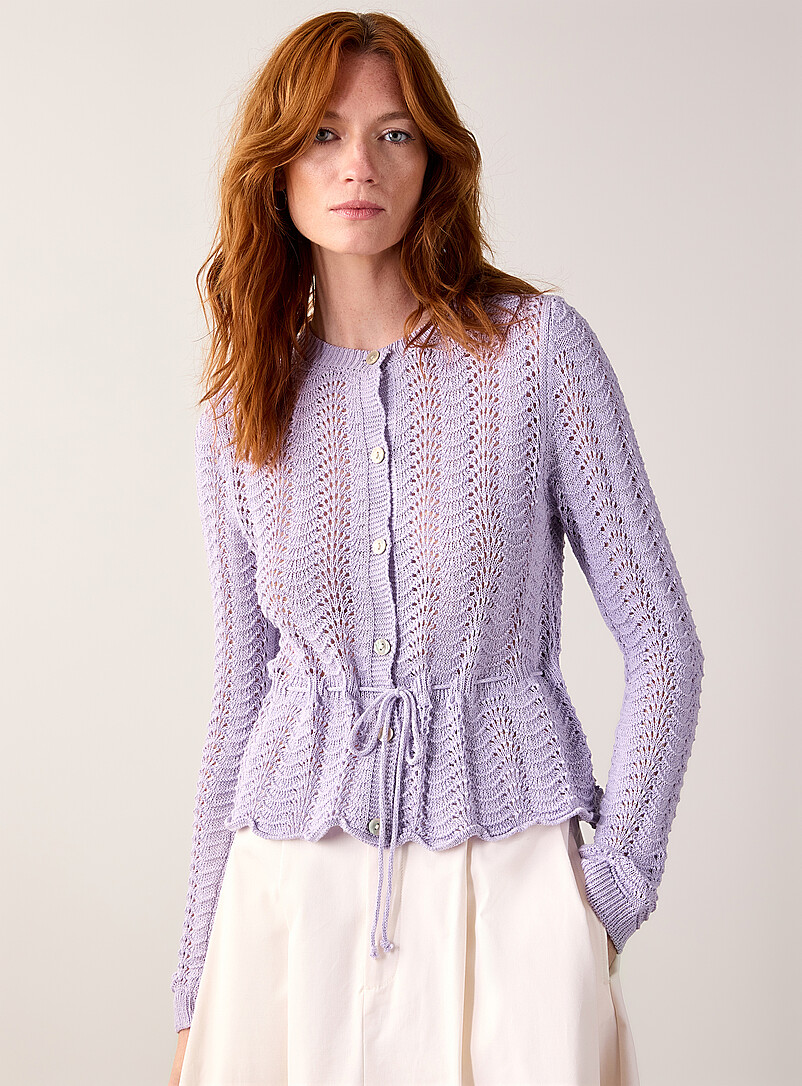 Contemporaine: Le cardigan ajour&eacute; taille basque &agrave; nouer <b>Collection exclusive d'Italie</b> Blanc cass&eacute; pour femme
