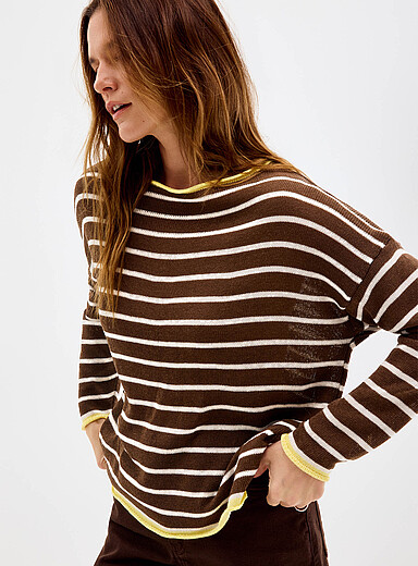 Contemporaine Taupe Contrasting rolled trim striped sweater <b>Exclusive collection from Italy</b> for women
