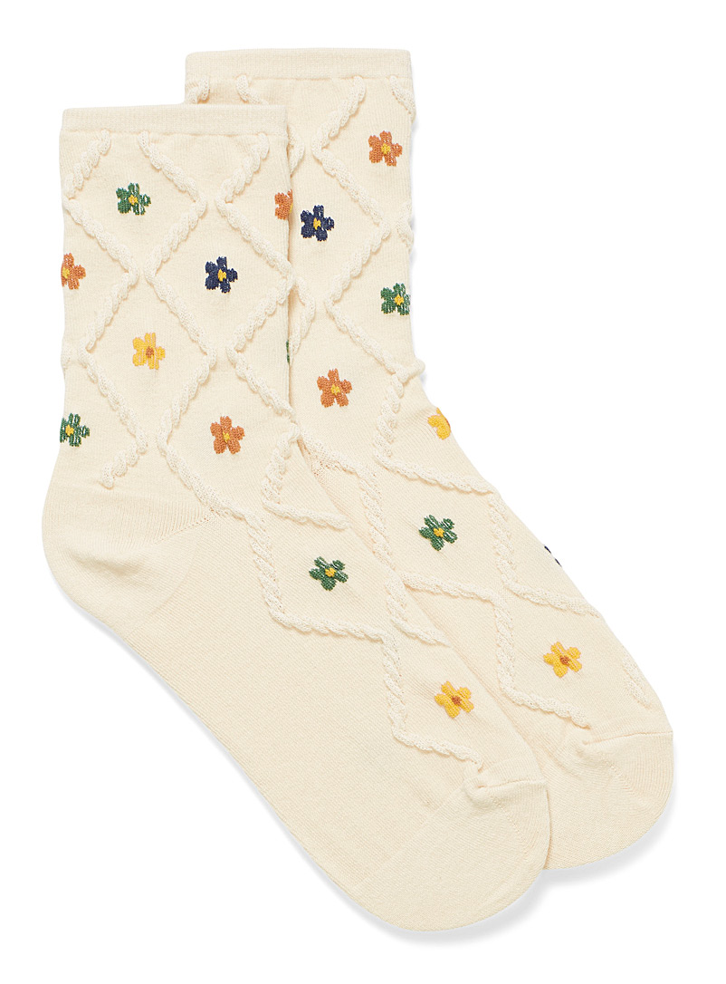 Simons Ivory White Diamond and flower socks for women