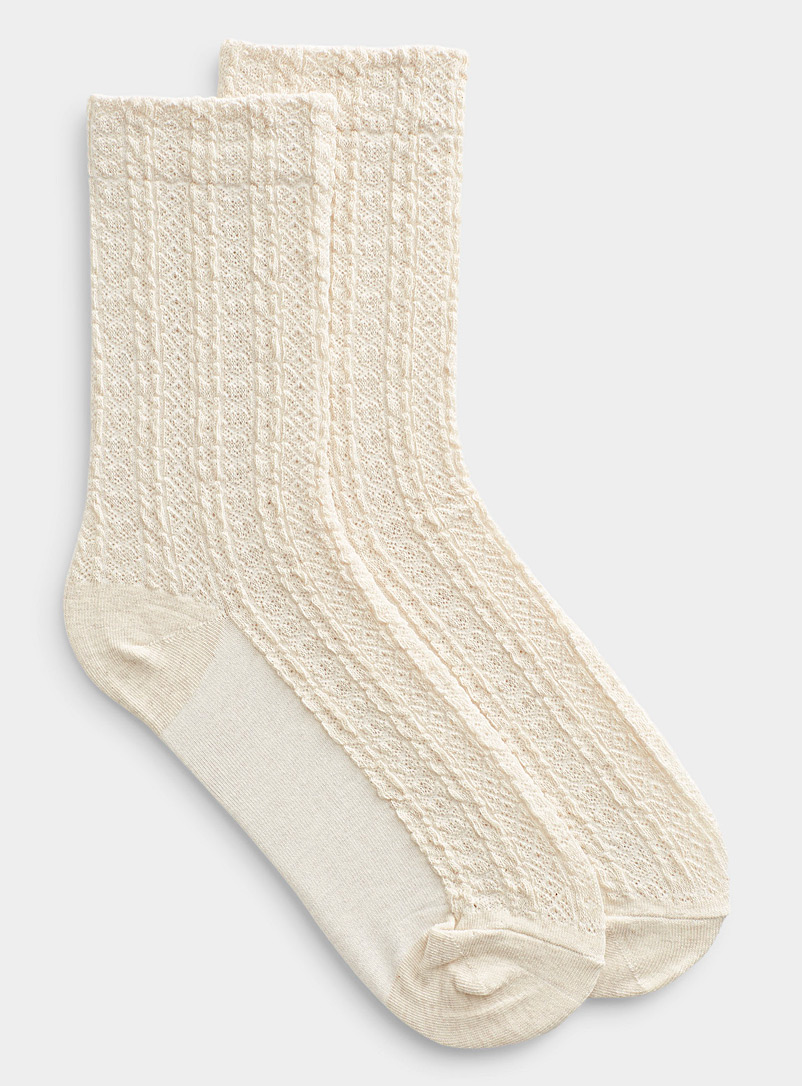 Simons Cream Beige Braided cable textured socks for women