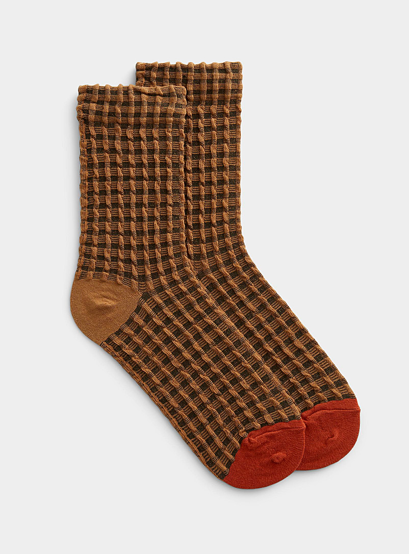 Simons Dark Brown Two-tone waffle sock for women