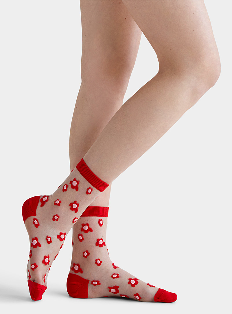 Simons Red Colourful flower sheer sock for women