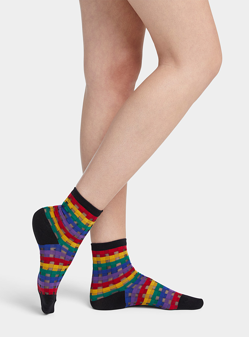 Simons Black Colourful check semi-sheer sock for women