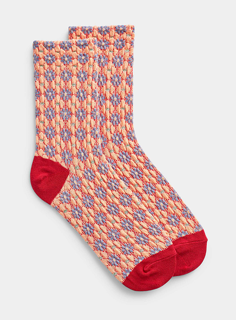 Simons Red Colourful floral sock for women