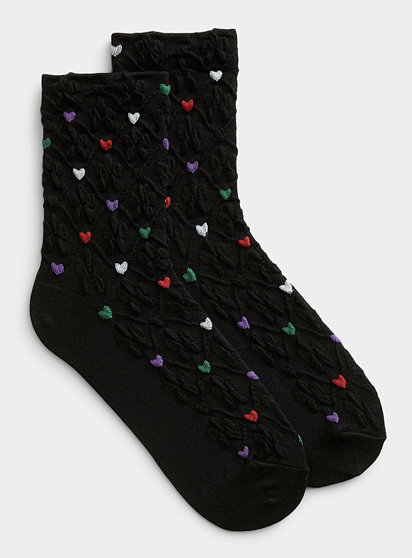 Simons Black Embossed heart textured sock for women