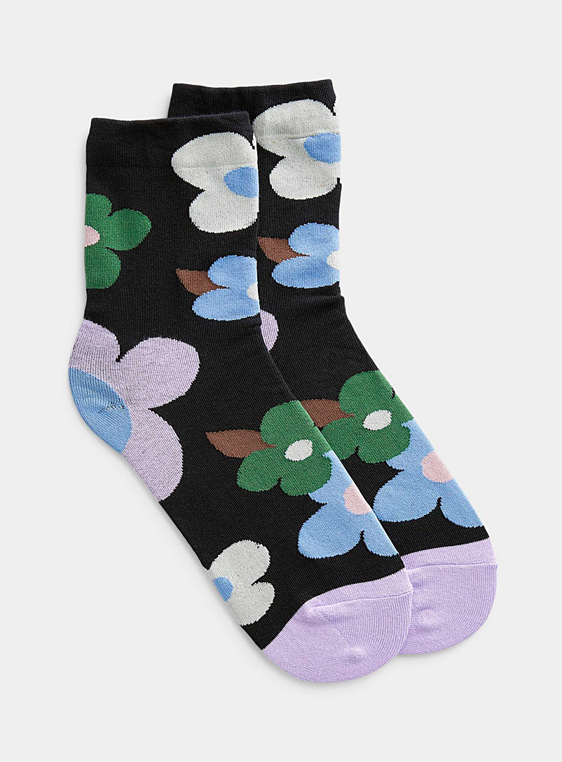 Simons Black Colourful oversized flower sock for women