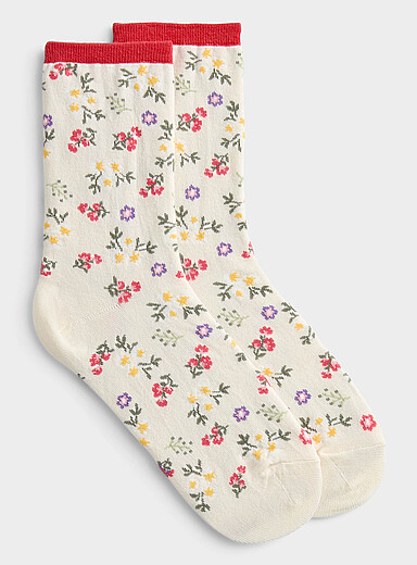 La chaussette cheville bouquet de fleurs bord contraste
