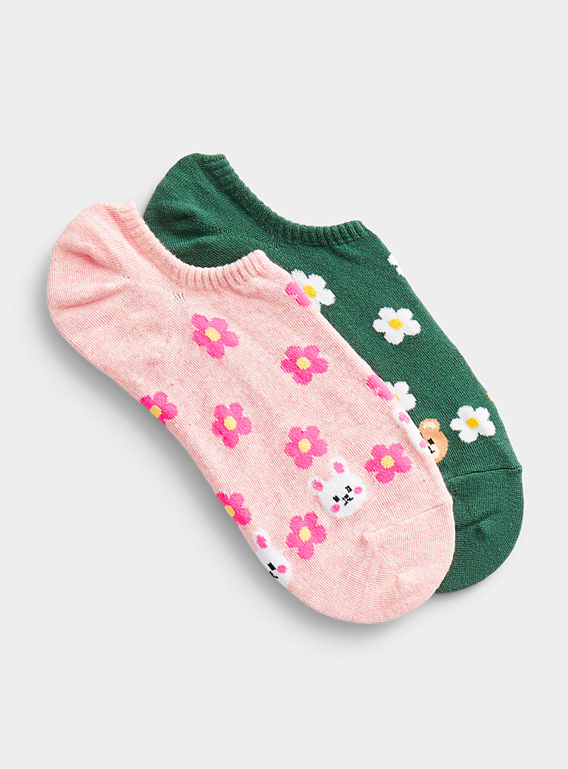 Simons Patterned Green Animal and flower ped socks Set of 2 for women