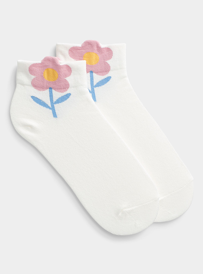 Simons White Large flower ankle sock for women