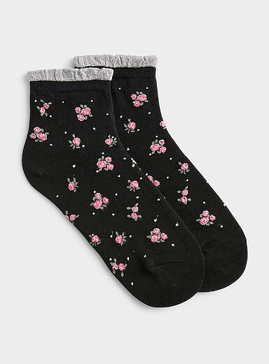 La chaussette cheville petites fleurs et brillants