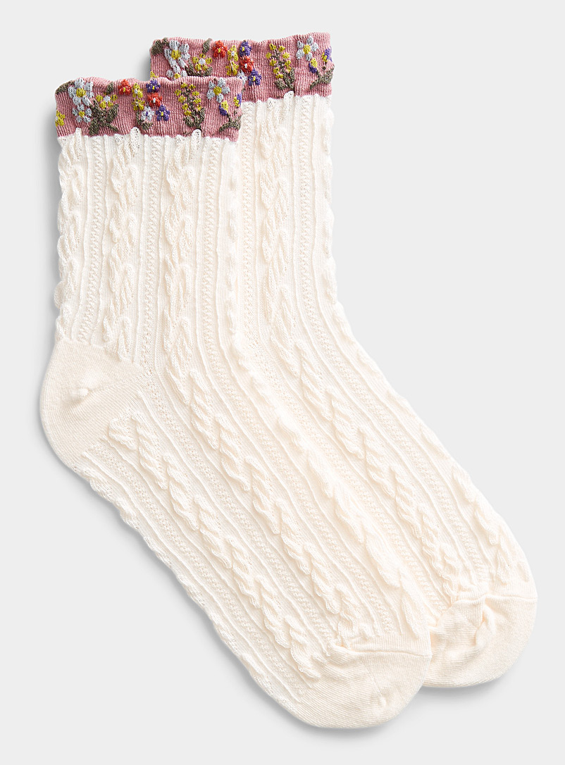 Simons Ivory White Floral trim twisted socks for women